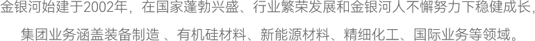 金銀河始建于2002年，在國(guó)家蓬勃興盛、行業(yè)繁榮發(fā)展和金銀河人不懈努力下穩(wěn)健成長(zhǎng)， 集團(tuán)業(yè)務(wù)涵蓋裝備制造 、有機(jī)硅材料、新能源材料、精細(xì)化工、國(guó)際業(yè)務(wù)等領(lǐng)域。